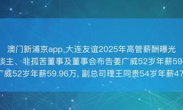 澳门新浦京app 大连友谊2025年高管薪酬曝光: 总司理、财务隆重东谈主、非孤苦董事及董事会布告姜广威52岁年薪59.96万， 副总司理王同贵54岁年薪47.25万